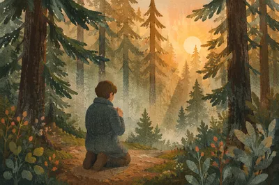 Kneeling Prayer Beneath Evergreen Morning Mist