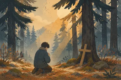 Kneeling Prayer Beneath Evergreen Trees