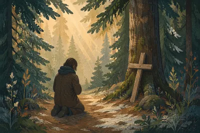 Kneeling Prayer in Evergreen Forest
