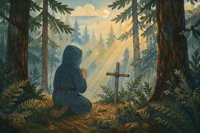 Kneeling Prayer in Evergreen Forest