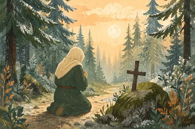 Kneeling Prayer on Evergreen Forest Path