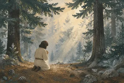 Kneeling Prayer in Misty Evergreen Forest