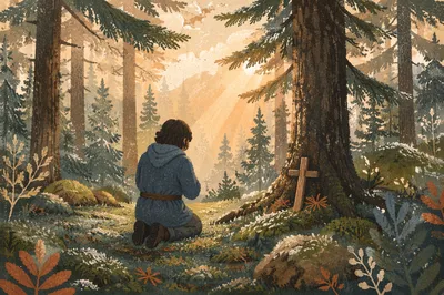 Kneeling Prayer in Evergreen Forest