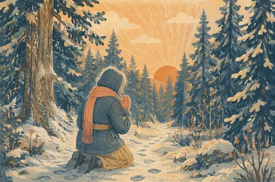 Kneeling Prayer Among Snowy Evergreens