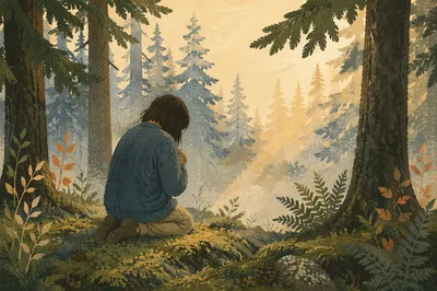 Kneeling Prayer in Misty Evergreen Forest