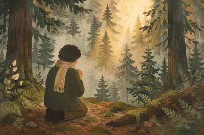 Kneeling Prayer in Misty Evergreen Forest
