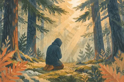Kneeling Prayer in Evergreen Forest Light