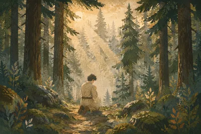 Kneeling Prayer in Evergreen Forest Mist