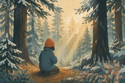 Kneeling Prayer Among Misty Evergreen Trees