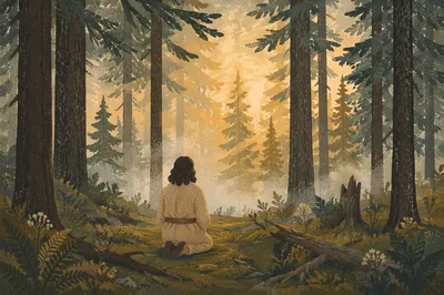 Kneeling Prayer in Misty Evergreen Forest