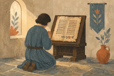 Kneeling Prayer Before Ancient Manuscript