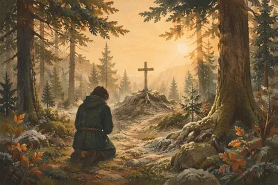 Kneeling Prayer on Evergreen Forest Path