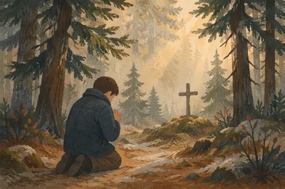 Kneeling Prayer Beneath Evergreen Trees