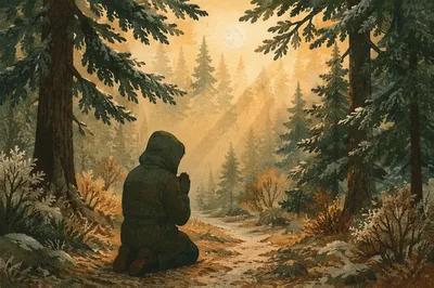 Kneeling Prayer on Evergreen Forest Path