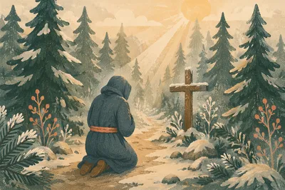 Kneeling Prayer on Evergreen Forest Path
