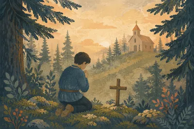 Kneeling Prayer in Misty Evergreen Forest