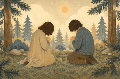 Kneeling Prayer in Quiet Evergreen Grove