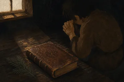 Kneeling Prayer Beside Evergreen and Worn Book