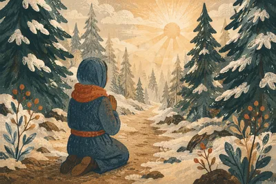 Kneeling Prayer on Snowy Evergreen Path