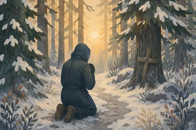 Kneeling Prayer Beneath Snowy Evergreens