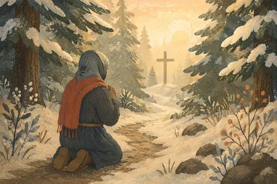 Kneeling Prayer on Snowy Evergreen Path
