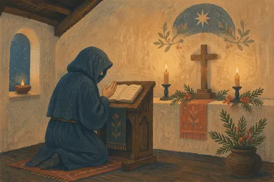 Kneeling Prayer in Candlelit Evergreen Chapel