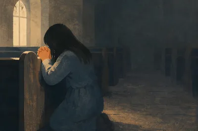 Kneeling Prayer in a Quiet Evergreen Chapel