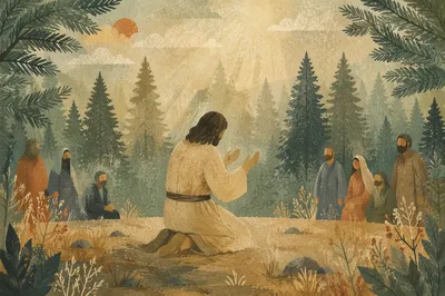 Kneeling Prayer in Evergreen Morning Clearing