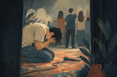 Kneeling Person in Prayer with Microphone