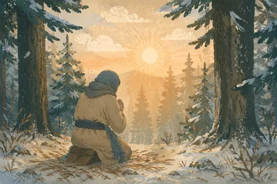 Kneeling Prayer in Evergreen Winter Forest