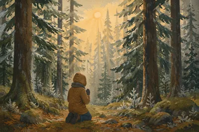 Kneeling Prayer in Evergreen Forest
