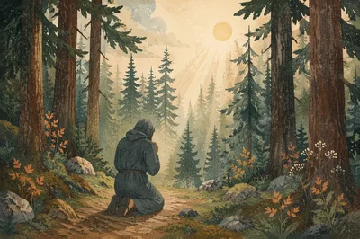 Kneeling Prayer in Misty Evergreen Forest