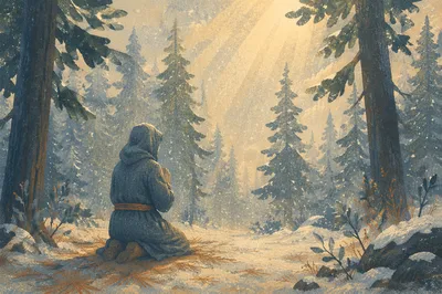 Kneeling Prayer in Winter Evergreen Forest