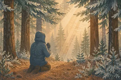 Kneeling Prayer Beneath Winter Evergreens