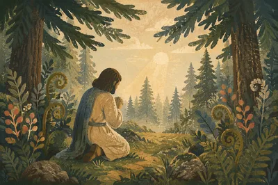 Kneeling Prayer in Evergreen Forest