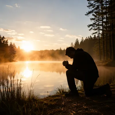 Kneeling Prayer at Misty Evergreen Lake
