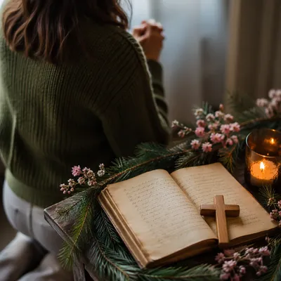 Kneeling Figure Beside Evergreen Framed Journal