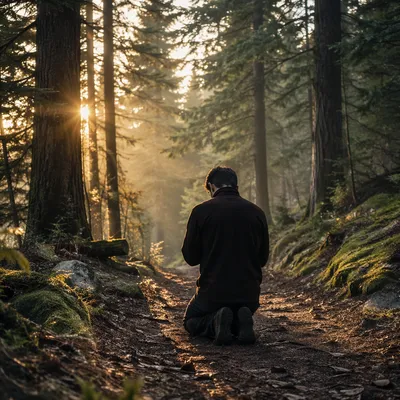 Kneeling Prayer on Misty Evergreen Path