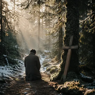 Kneeling Prayer in Evergreen Forest