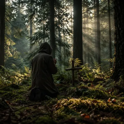 Kneeling Prayer in Quiet Evergreen Forest