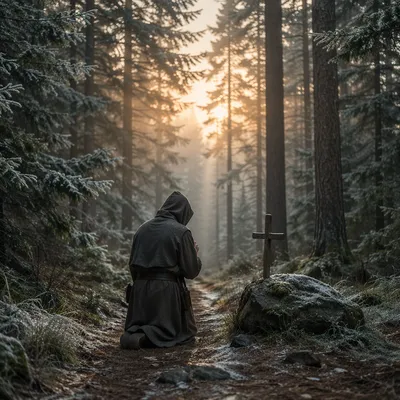 Kneeling Prayer on Evergreen Forest Path