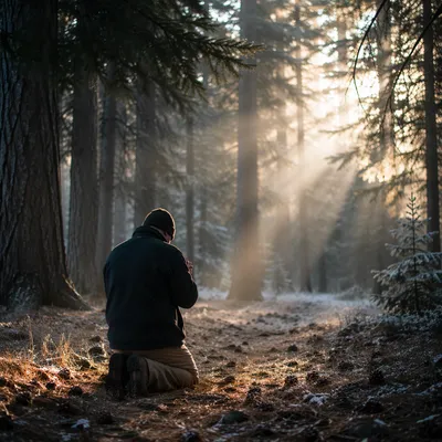 Kneeling Prayer in Misty Evergreen Forest