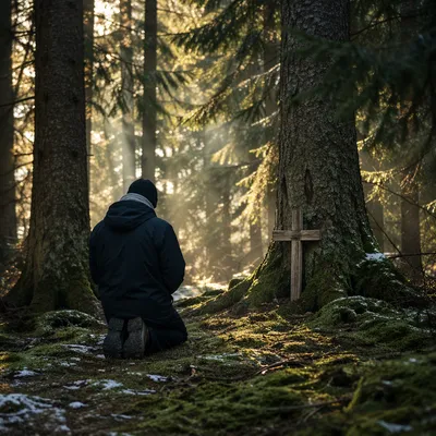 Kneeling Prayer in Evergreen Forest Light