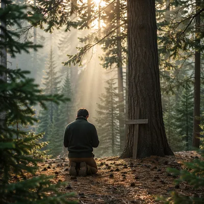 Solitary Prayer Beneath Evergreen Trees