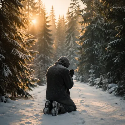 Kneeling Prayer in Snowy Evergreen Forest