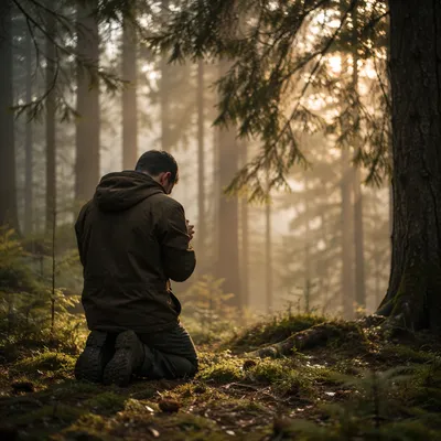 Kneeling Prayer Beneath Misty Evergreen Trees