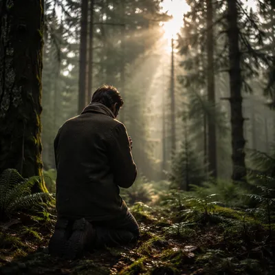 Kneeling Prayer in Misty Evergreen Forest