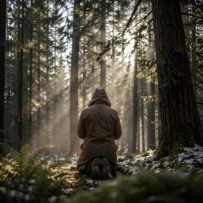Kneeling Prayer Beneath Evergreen Morning Light