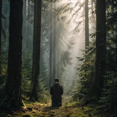 Kneeling Prayer in Evergreen Forest Mist