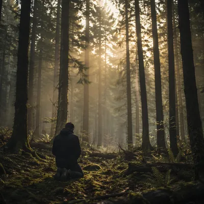Kneeling Prayer in Misty Evergreen Forest